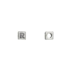 Bead 1pkg1 sterling silver, 5mm cube / letter R, Dione&reg;