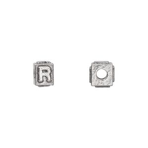 Bead 1pkg4 pewter, 8x6mm rectangle / letter R, antiqued Dione&reg;