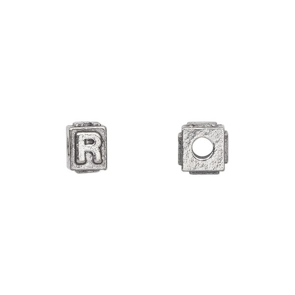 Bead 1pkg4 pewter, 8x6mm rectangle / letter R, antiqued Dione&reg; image number 0