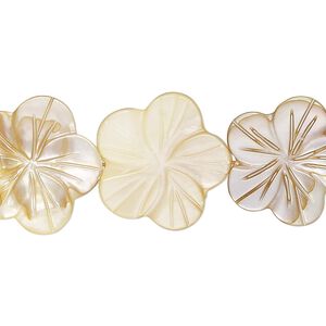 Mother-of-pearl shell 1pkg1, carved flat flower bead 15.5 to 16 inch pale yellow 18x17mm-22x21mm