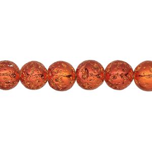 Lava rock 1pkg1, electrocoated round bead, orange 15.5-16 inch 7-8mm