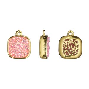 Drop, Druzylite&trade;, "druzy" (resin) and gold-finished brass, pink, 11.5mm two-sided square with open filigree back. Sold per pkg of 4.