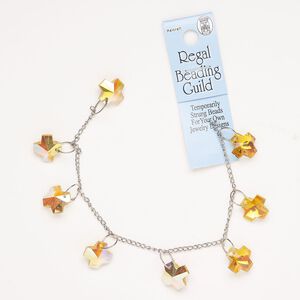 Chain steel glass 1pk curb Swiss cross drop, silver finish yellow-orange AB 8 inch