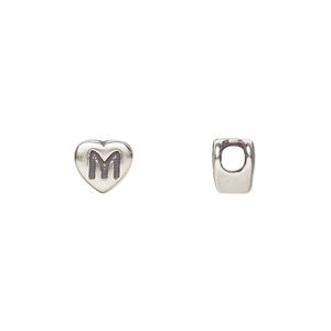 Bead 1pkg1 sterling silver, 7.5x7mm heart / letter M, antiqued Dione&reg;