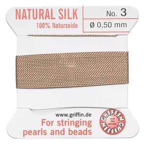 Thread, Griffin, silk, beige, size #3. Sold per 2-meter card (approximately 78 inches).