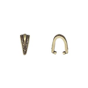 Bail, TierraCast&reg;, ice-pick, antique brass-plated pewter (tin-based alloy), 10x5mm with beaded border, 7mm grip length. Sold per pkg of 2.