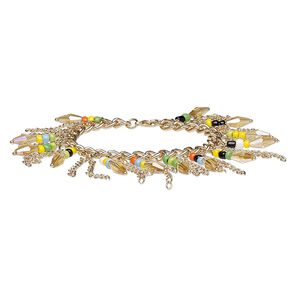 Bracelet, glass and gold-finished steel, multicolored, 45mm wide, 7 inches with 2-inch extender chain and lobster claw clasp. Sold individually.