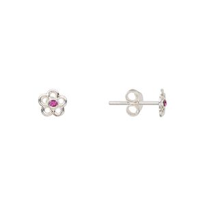Earstud, Create Compliments&reg;, sterling silver and crystal, fuchsia, 6mm flower. Sold per pair.
