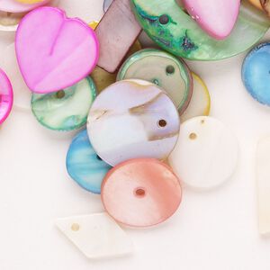 Drop / link / button mix, mother-of-pearl shell (natural / dyed / bleached) 1pkg1oz, mixed colors, 10x10mm-34x28mm mixed shape.