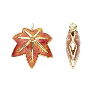 Charm, cloisonn&eacute;, enamel and gold-finished copper, red, 20x20mm double-sided maple leaf. Sold per pkg of 4.