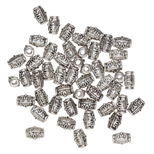 Bead 1pkg50 silver-finished "pewter", 10x6mm-10x7mm oval tube / flower, antique image number 0