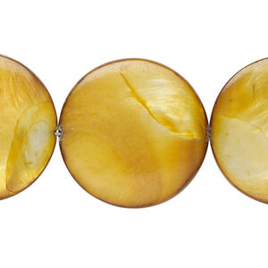 Mother-of-pearl shell 1pkg1, puffed flat round bead 15 inch dark golden brown 24-25mm