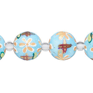 Bead, glass 1pkg8, multicolored, 14mm round with hand-painted flower.