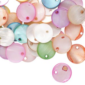 Drop mix, mother-of-pearl shell (bleached / dyed) 1pkg100, mixed colors, 10mm flat round.