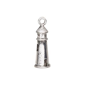 Charm, antique silver-finished pewter (tin-based alloy), 22x8.5mm 3D lighthouse. Sold per pkg of 2.