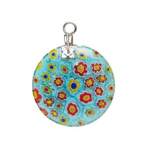 Component 1pkg1 millefiori glass and silver-finished steel, translucent teal and multicolored, 24-25mm puffed flat round.
