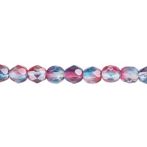 Bead, Czech fire-polished glass, two-tone, translucent red and blue, 6mm faceted round. Sold per pkg of 1,200 (1 mass).