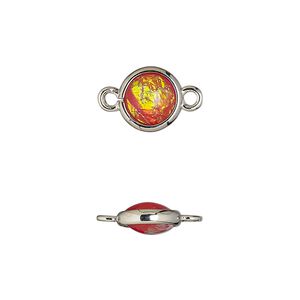Link, Opalized Ice&trade;, "opal" (resin) and imitation rhodium-finished brass, opaque orange, 9.5mm double-sided round. Sold per pkg of 6.
