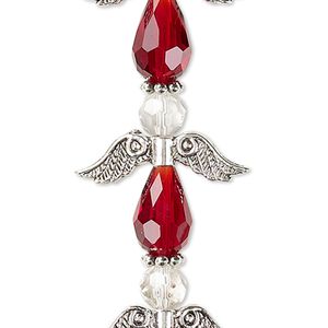 Bead mix 1pkg4 silver-plated "pewter", 23x7mm angel, red & clear / antique