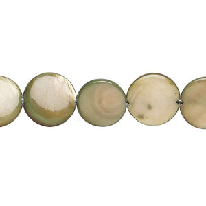 Mother-of-pearl shell 1pkg1, puffed flat round bead 14 inch brown and green 11-12mm