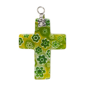 Focal 1pkg1 millefiori glass and silver-finished steel, translucent green / white / yellow-green, 30x24mm-32x26mm cross.