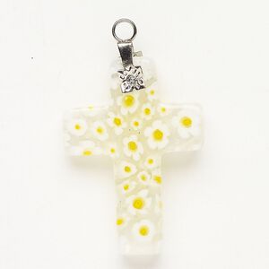 Focal 1pkg1 silver-finished steel and millefiori glass, translucent and transparent clear / yellow / white, 30x20mm-32x24mm cross.