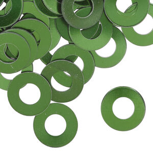 Washer, anodized aluminum, dark green, 13mm double-sided flat round blank with 6mm hole, 20 gauge. Sold per pkg of 100.