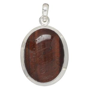 Pendant, red tigereye (heated) and sterling silver, 34x25mm-36x28mm oval. Sold individually.