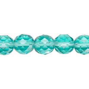 Bead, Czech fire-polished glass, light aqua, 10mm faceted round. Sold per pkg of 600 (1/2 mass).