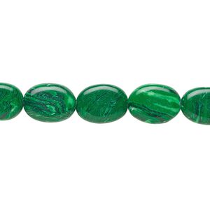 Bead, "malachite" (resin) (imitation), 9x7mm-12x8mm oval. Sold per 15-1/2" to 16" strand.