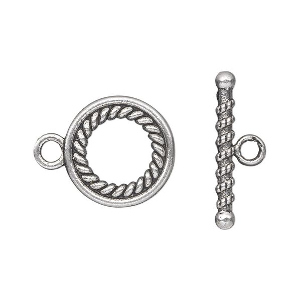 Clasp toggle 1pkg10 silver-plated "pewter" (zinc alloy), 16mm double-sided fancy twisted round, antique 1-strand image number 0