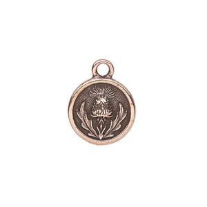Charm, TierraCast&reg;, antique copper-plated pewter (tin-based alloy), 14.5mm round with thistle design. Sold per pkg of 2.