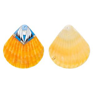 Focal, sea scallop shell / multi-shell / resin (dyed / assembled) 1pkg1, orange / medium blue / multicolored, 53x50mm.