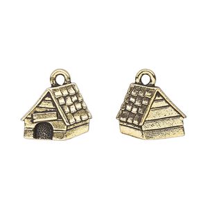 Charm, TierraCast&reg;, "Spot and Whiskers" collection, antique gold-plated pewter (tin-based alloy), 15x12mm two-sided dog house. Sold per pkg of 2.