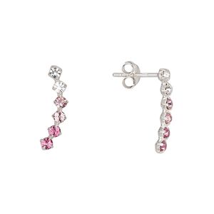 Earstud, Create Compliments&reg;, sterling silver and glass rhinestone, clear / pink / dark pink, 17x5mm left- and right-facing curve. Sold per pair.