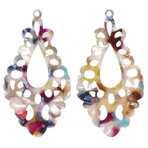 Focal, resin, multicolored, 51.5x29mm fancy teardrop with cutouts. Sold per pkg of 2.