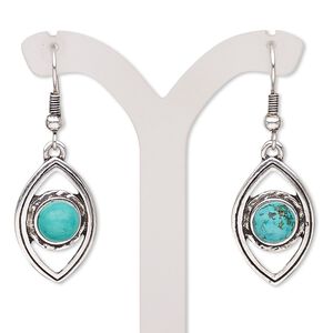 Earring, magnesite (dyed / stabilized) with antique silver-plated brass and "pewter" (zinc-based alloy), blue, 45mm with marquise and fishhook ear wire. Sold per pair.