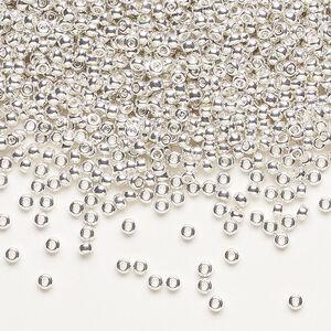 Seed bead, Miyuki, glass, pkg/250g, #11 rocaille, opaque silver-plated, (RR-961).