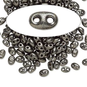 Seed bead, Preciosa Twin&trade; Czech glass, pkg/50g, 5x2.5mm oval, opaque dark khaki green terra pearl black, (28992).