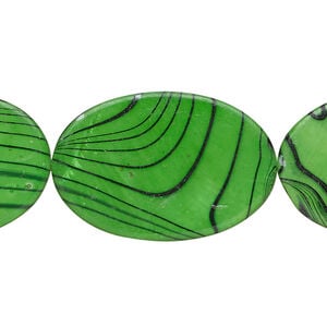 Mother-of-pearl shell 1pkg1, flat oval bead 15 inch green and black 30x20mm