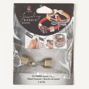 Clasp hook&eye 1pkg1 "pewter" (zinc alloy), 40x12mm / glue-in ends, antique brass-finished 1-strand