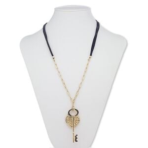 Necklace, glass rhinestone / faux suede / gold-finished steel / "pewter" (zinc-based alloy), black and clear, 2-3/4 x 3/4 inch key and 40x30mm heart, 32 inches with 2-inch extender chain and lobster claw clasp. Sold individually.
