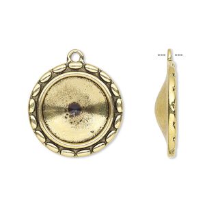 Drop, Almost Instant Jewelry&reg;, antique gold-finished "pewter" (zinc-based alloy), 23mm round with scalloped design and 16mm rivoli setting. Sold per pkg of 6.