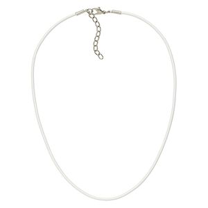Necklace cord, leather and imitation rhodium-plated brass and steel, white, 2mm round, 18 inches with 2-inch extender chain and lobster claw clasp. Sold per pkg of 6.