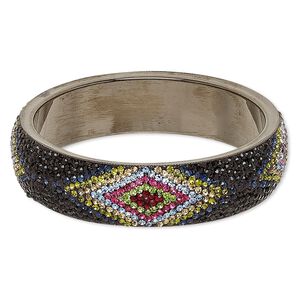 Bracelet, bangle, epoxy / Preciosa glass rhinestone / gunmetal-plated brass, multicolored, 20mm wide with diamond design, 8 inches. Sold individually.