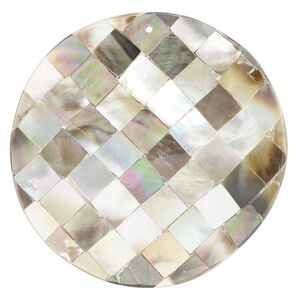Focal, black lip shell and resin (assembled) 1pkg1, 49-50mm top-drilled 1sided domed round with checkerboard pattern.