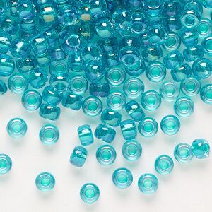 Seed bead, Miyuki, glass, pkg/250g, #6 rocaille, translucent teal-lined luster crystal clear (RR-3742).