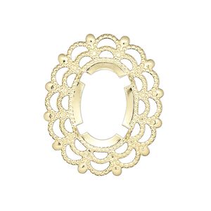 Component, gold-plated brass, 30x25mm oval with 18x13mm 4-prong oval setting. Sold per pkg of 12.