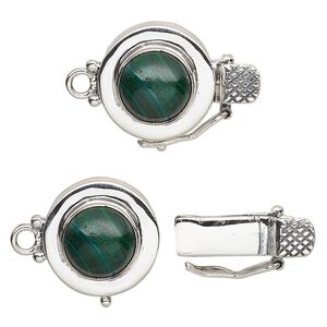 Clasp tab 1pkg1 sterling silver / malachite (natural), 15mm round / 10mm round cab / safety latch, 1-strand