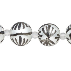 Bead, glass 1pkg8, opaque white and black, 14mm hand-painted round.